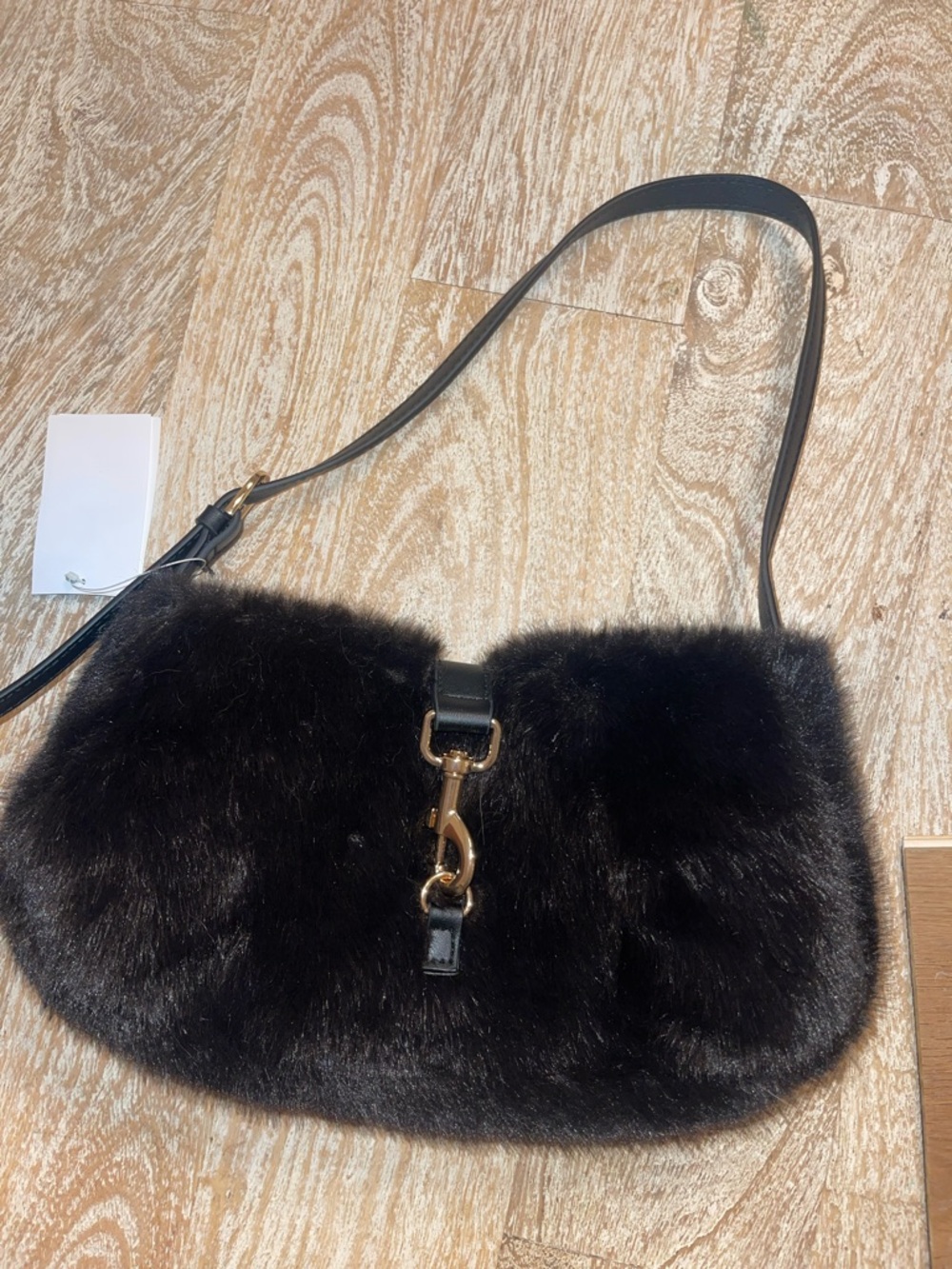 Beautiful NWT H&M Black Vegan Faux Fur Handbag Purse W/ Faux Leather Strap